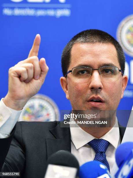 Venezuelan Foreign Minister Jorge Arreaza speaks during a press conference at the Organization of American States on June 6, 2018 in Washington, DC.