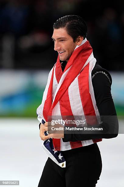 Evan Lysacek of the United States celebrates after winning the gold medal in the men's figure skating free skating on day 7 of the Vancouver 2010...