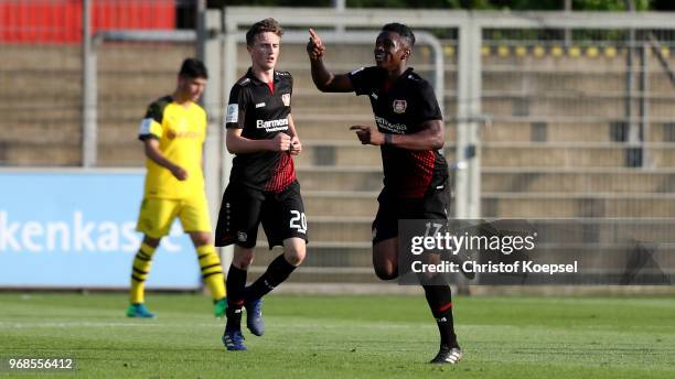 Kevin Bukusu of Leverkusen celebrates the first goal during the B Juniors German Championship Semi Final first leg match match between Bayer...