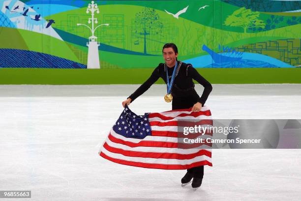 Evan Lysacek of the United States celebrates after winning the gold medal in the men's figure skating free skating on day 7 of the Vancouver 2010...