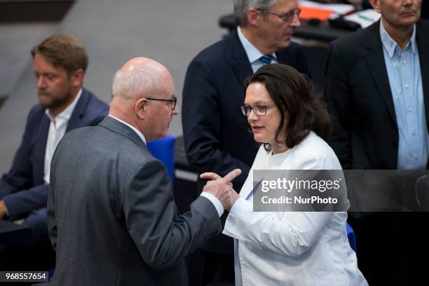 Parliamentary fraction leader Volker Kauder and SPD Chairwoman and parliamentary fraction leader Andrea Nahles speak prior to a Government Question...