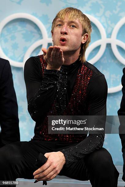 Evgeni Plushenko of Russia reacts in the kiss and cry area in the men's figure skating free skating on day 7 of the Vancouver 2010 Winter Olympics at...