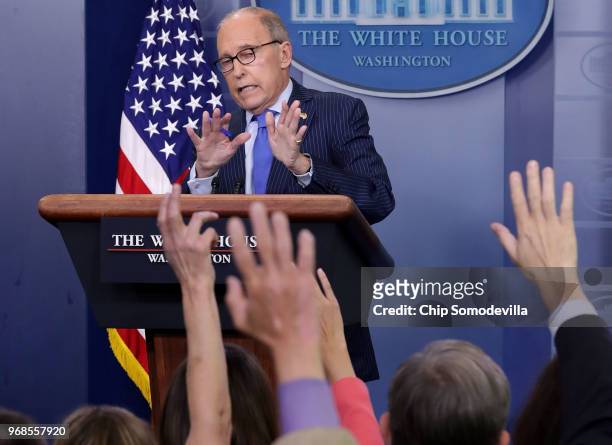 White House National Economic Council Director Larry Kudlow answers reporters' questions during a briefing about the upcoming G7 meetings in the...