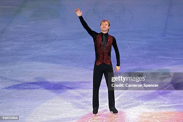 Evgeni Plushenko of Russia waves after the men's figure skating free skating on day 7 of the Vancouver 2010 Winter Olympics at the Pacific Coliseum...