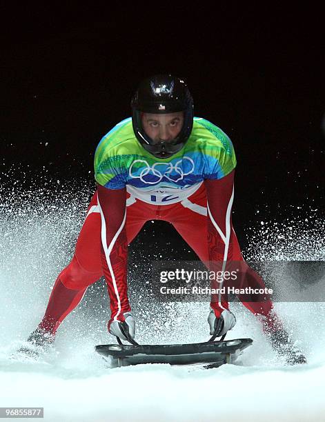 Zach Lund of The United States competes in the men's skeleton run 2 on day 7 of the 2010 Vancouver Winter Olympics at The Whistler Sliding Centre on...