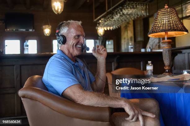 Greg Norman on SiriusXM Radio at Medalist Golf Club on May 18, 2018 in Hobe Sound, Florida.