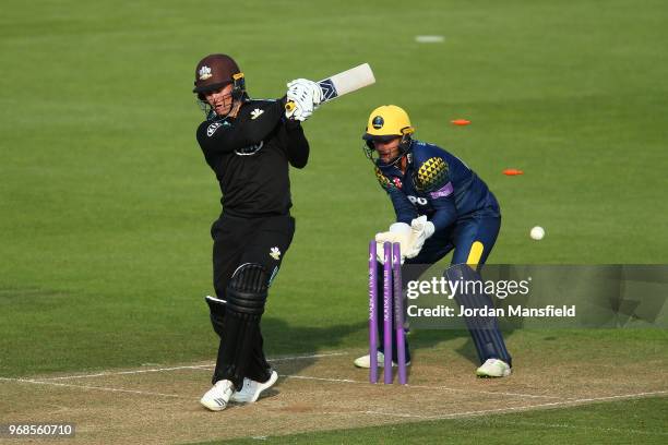 Jason Roy of Surrey is bowled out by Andrew Salter of Glamorgan during the Royal London One-Day Cup game between Surrey and Glamorgan at The Kia Oval...