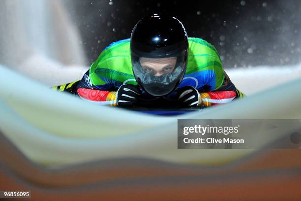 Michi Halilovic of Germany competes in the men's skeleton run 2 on day 7 of the 2010 Vancouver Winter Olympics at The Whistler Sliding Centre on...