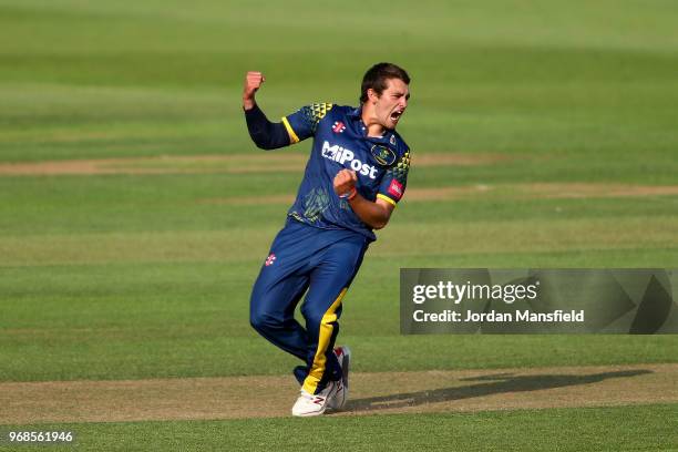 Lukas Carey of Glamorgan celebrates dismissing Mark Stoneman of Surrey during the Royal London One-Day Cup game between Surrey and Glamorgan at The...