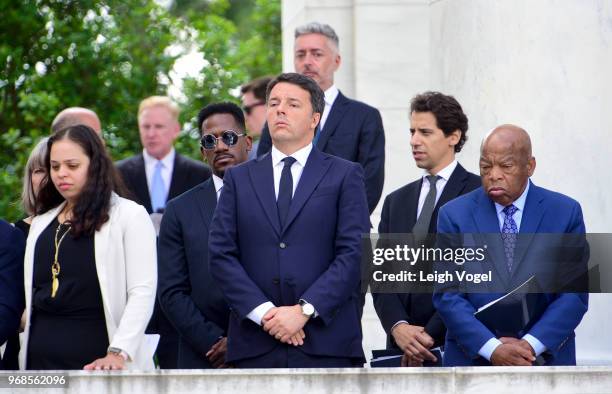 Matteo Renzi, former Prime Minister of Italy stands with U.S. Representative John Lewis during a Remembrance and Celebration of the Life & Enduring...