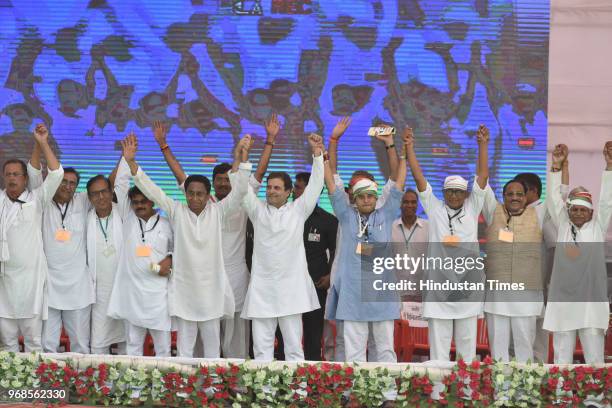 Congress president Rahul Gandhi with Arun Yadav, Shobha Oza, Ajay Singh, Deepak Bbaria, Kamal Nath, Jyotiraditya Scindia, Digvijaya Singh, Kantilal...