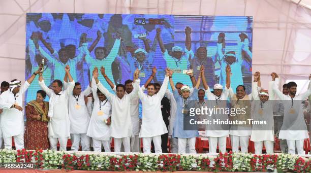Congress president Rahul Gandhi with Arun Yadav, Shobha Oza, Ajay Singh, Deepak Bbaria, Kamal Nath, Jyotiraditya Scindia, Digvijaya Singh, Kantilal...