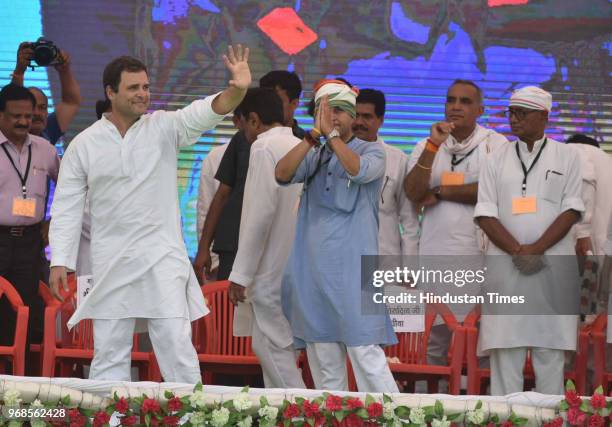 Congress President Rahul Gandhi with Senior Congress leader Jyotiraditya Scindia, Digvijaya Singh and other leaders during 'Kisan Samriddhi Sankalp'...