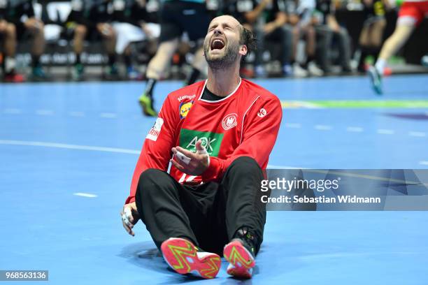 Silvio Heinevetter of Germany reacts during the handball International friendly between Germany and Norway at Olympiahalle on June 6, 2018 in Munich,...