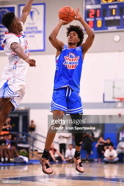 Richard Springs from The MacDuffie School shoots a jump shot during the Pangos All-American Camp on June 3, 2018 at Cerritos College in Norwalk, CA.