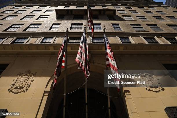 Flags hang from Lord & Taylor's flagship store on 5th Avenue in Manhattan on June 6, 2018 in New York City. The 192-year-old chain owned by Canada's...