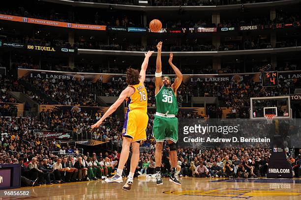 Rasheed Wallace of the Boston Celtics shoots against Pau Gasol of the Los Angeles Lakers at Staples Center on February 18, 2010 in Los Angeles,...