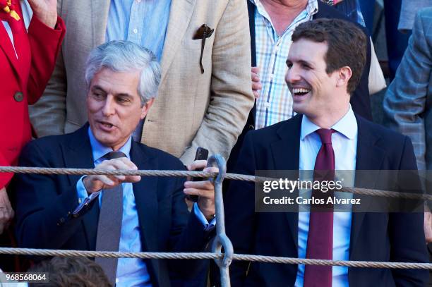 Adolfo Suarez Illana and Pablo Casado attend La Beneficiencia Bullfight at Las Ventas Bullring on June 6, 2018 in Madrid, Spain.