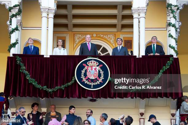 Princess Elena of Spain and King Juan Carlos attend La Beneficiencia Bullfight at Las Ventas Bullring on June 6, 2018 in Madrid, Spain.