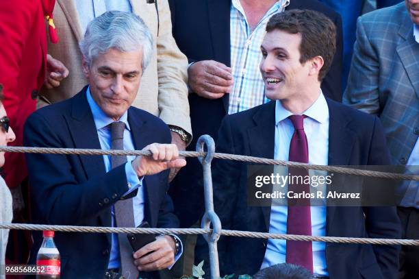 Adolfo Suarez Illana and Pablo Casado attend La Beneficiencia Bullfight at Las Ventas Bullring on June 6, 2018 in Madrid, Spain.