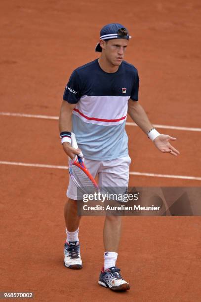 Diego Schwartzman of Argentina reacts during his men's singles quaterfinal match against Rafael Nadal of Spain on day 11 of the 2018 French Open at...