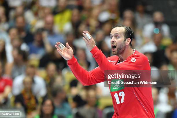 Silvio Heinevetter of Germany gestures during the handball International friendly between Germany and Norway at Olympiahalle on June 6, 2018 in...