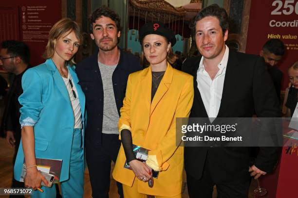 Edie Campbell, Robert Konjic, Christabel MacGreevy and Blaise Patrick attend the Royal Academy Of Arts summer exhibition preview party 2018 on June...