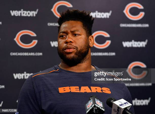 Chicago Bears offensive tackle Charles Leno takes questions from media during practice at the NFL football team's workout on June 6, 2018 at Halas...