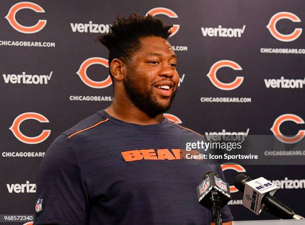 Chicago Bears offensive tackle Charles Leno takes questions from media during practice at the NFL football team's workout on June 6, 2018 at Halas...