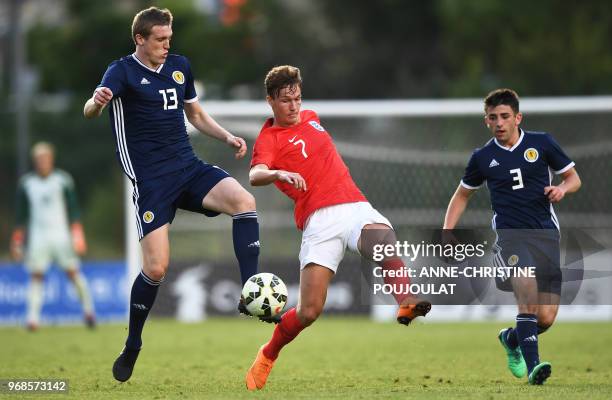 Scotland's midfielder Lain Wilson vies with England's midfielder Kieran Dowell during the Festival International Espoirs - Maurice Revello Tournament...