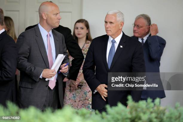 White House Legislative Affairs Director Marc Short and Vice President Mike Pence arrive for a signing ceremony for the Veterans Affairs Mission Act...