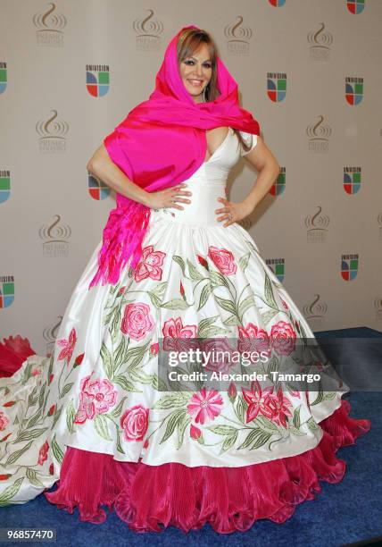 Jenni Rivera poses in the press room at Univision's 2010 Premio Lo Nuestro a La Musica Latina Awards at American Airlines Arena on February 18, 2010...