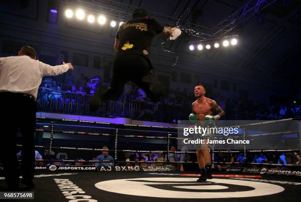 Ryan Doyle celebrates victory against Reece Bellotti during the Commonwealth Featherweight Championship contest between Reece Bellotti and Ryan Doyle...