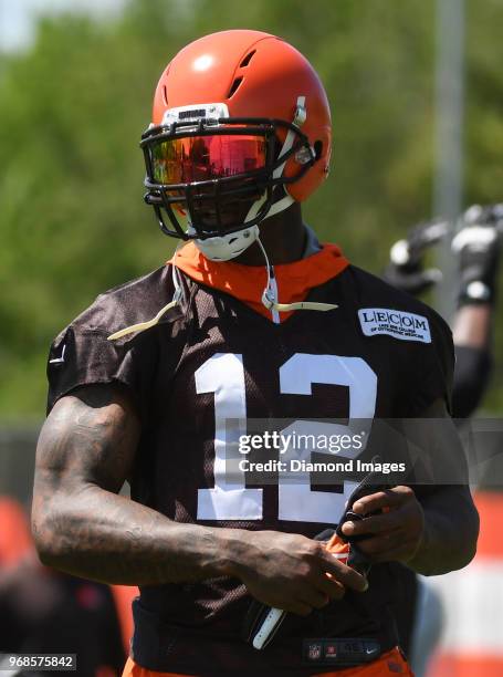 Wide receiver Josh Gordon of the Cleveland Browns stands on the field during an OTA practice at the Cleveland Browns training facility in Berea, Ohio.