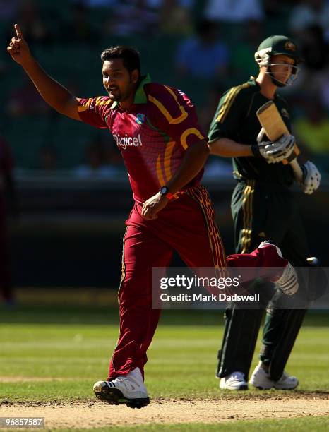 Ravi Rampaul of the West Indies celebrates the wicket of Cameron White of Australia during the Fifth One Day International match between Australia...