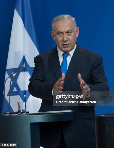 Visiting Berlin. Israeli Prime Minister Benjamin Netanjahu and Chancellor Angela Merkel in the Federal Chacellery. Netanjahu during the press...