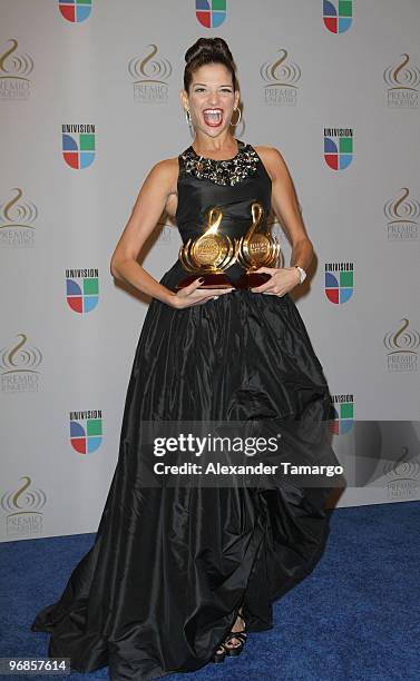 Natalia Jimenez poses in the press room at Univision's 2010 Premio Lo Nuestro a La Musica Latina Awards at American Airlines Arena on February 18,...