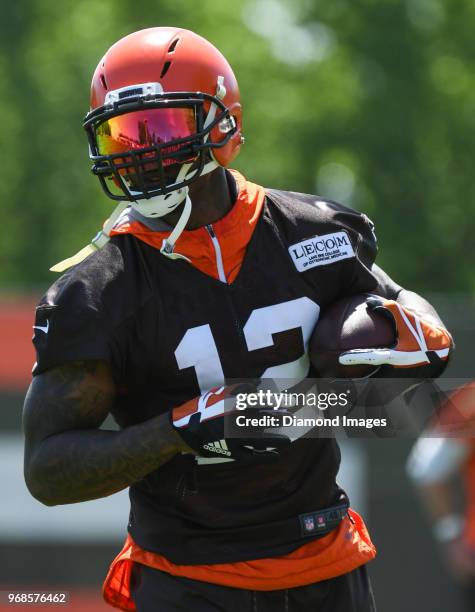 Wide receiver Josh Gordon of the Cleveland Browns carries the ball during an OTA practice at the Cleveland Browns training facility in Berea, Ohio.