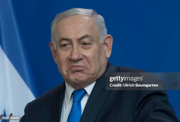 Visiting Berlin. Israeli Prime Minister Benjamin Netanjahu and Chancellor Angela Merkel in the Federal Chacellery. Netanjahu during the press...