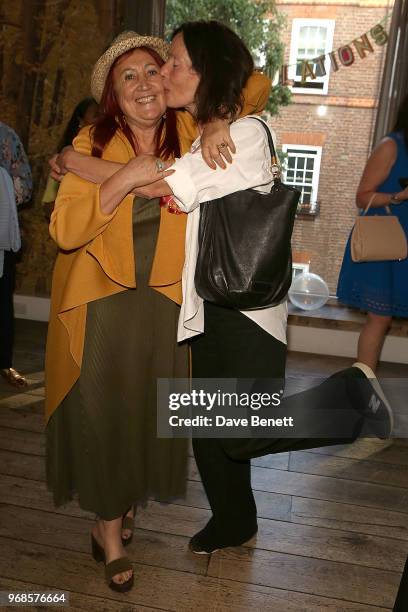 Lynne Franks and Katharine Hamnett attend a party hosted by Lynne Franks to celebrate her OBE at The Hospital Club on June 6, 2018 in London, United...