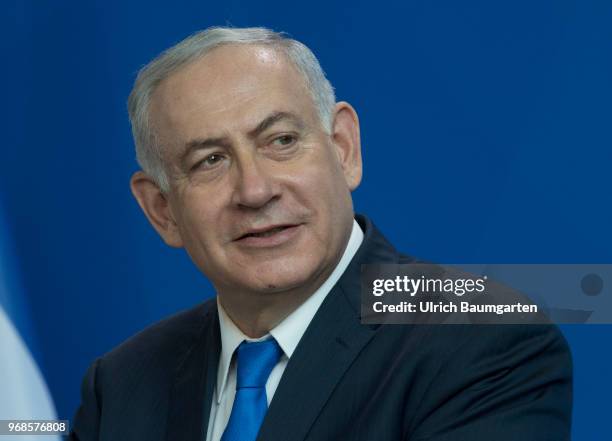 Visiting Berlin. Israeli Prime Minister Benjamin Netanjahu and Chancellor Angela Merkel in the Federal Chacellery. Netanjahu during the press...