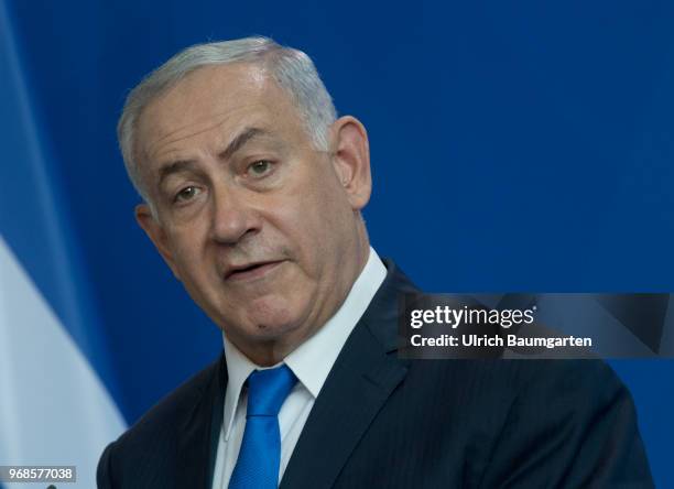 Visiting Berlin. Israeli Prime Minister Benjamin Netanjahu and Chancellor Angela Merkel in the Federal Chacellery. Netanjahu during the press...