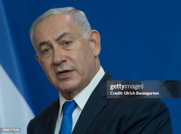 Visiting Berlin. Israeli Prime Minister Benjamin Netanjahu and Chancellor Angela Merkel in the Federal Chacellery. Netanjahu during the press...