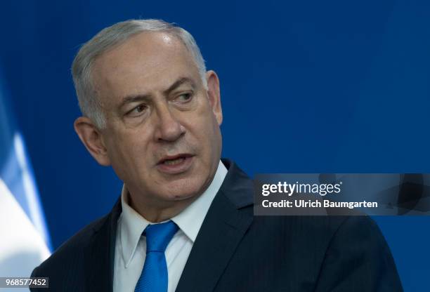 Visiting Berlin. Israeli Prime Minister Benjamin Netanjahu and Chancellor Angela Merkel in the Federal Chacellery. Netanjahu during the press...