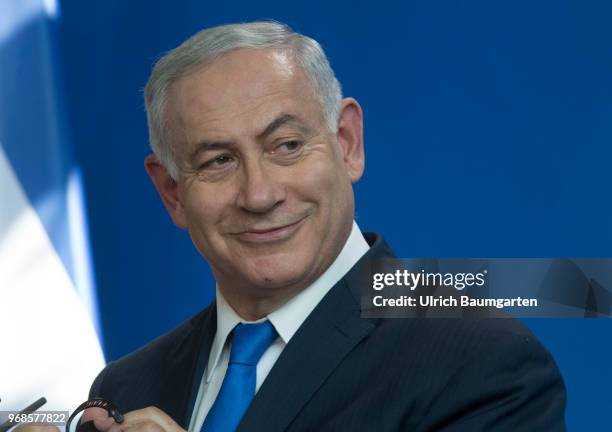 Visiting Berlin. Israeli Prime Minister Benjamin Netanjahu and Chancellor Angela Merkel in the Federal Chacellery. Netanjahu during the press...