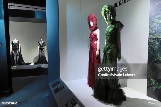 Jean-Paul Gaultier and Zuhair Murad models are displayed during the exhibition "Haute dentelle" at 'Cite de la Dentelle et de la Mode' on June 6,...