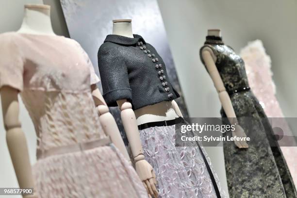 Chanel models are displayed during the exhibition "Haute dentelle" at 'Cite de la Dentelle et de la Mode' on June 6, 2018 in Calais, France.