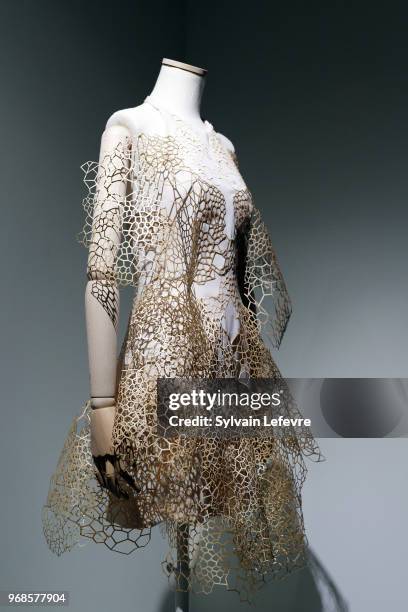 Iris Van Herpen model is displayed during the exhibition "Haute dentelle" at 'Cite de la Dentelle et de la Mode' on June 6, 2018 in Calais, France.