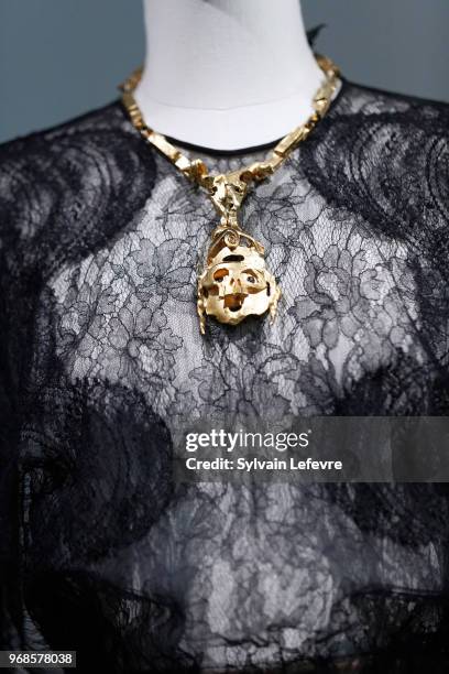 Valentino model is displayed during the exhibition "Haute dentelle" at 'Cite de la Dentelle et de la Mode' on June 6, 2018 in Calais, France.