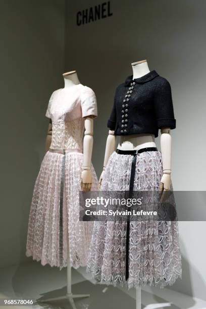 Chanel models are displayed during the exhibition "Haute dentelle" at 'Cite de la Dentelle et de la Mode' on June 6, 2018 in Calais, France.